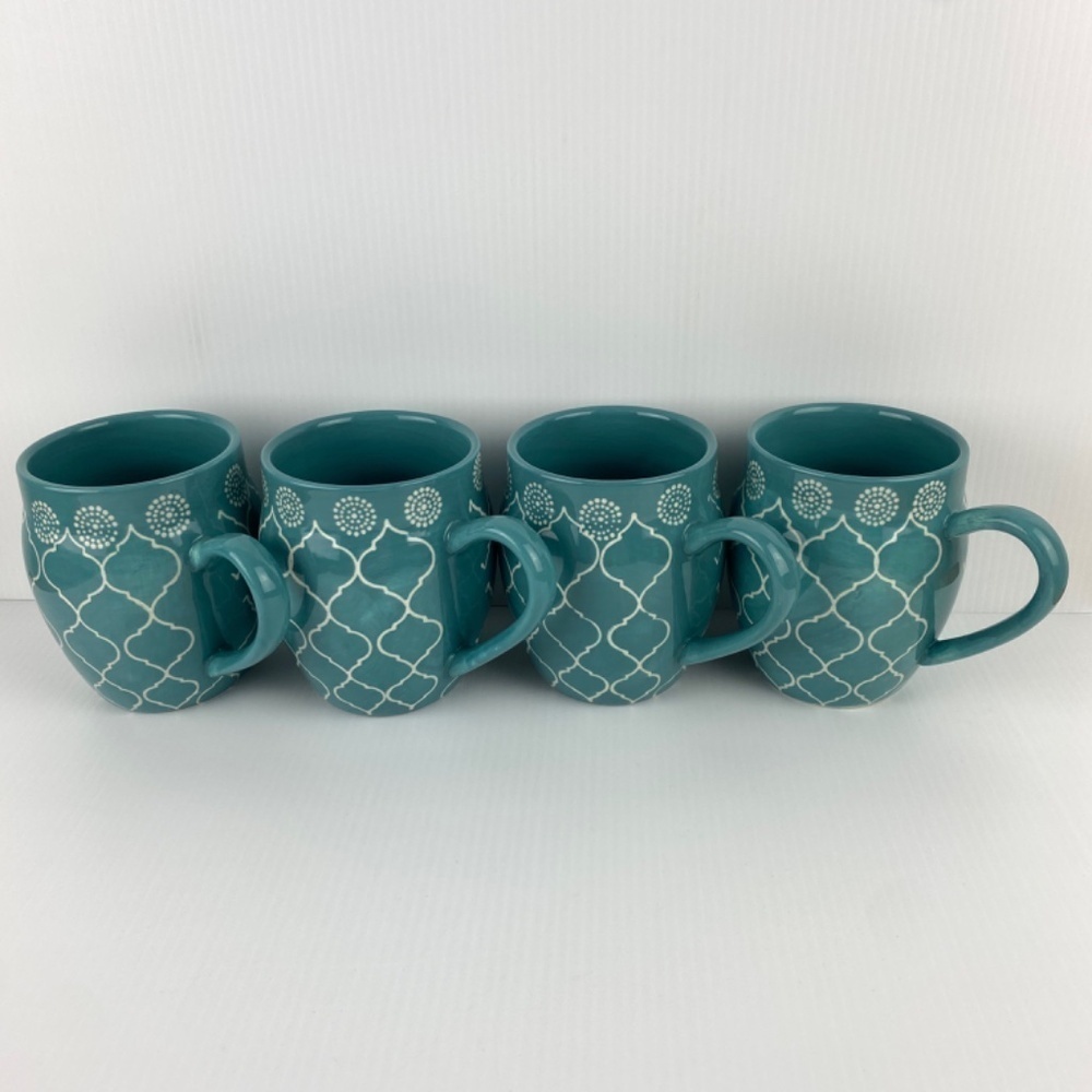 Baum Moroccan Large Turquoise Mugs Set of 4 Ceramic Coffee / Tea Cups 19 Oz - Picture 3 of 9